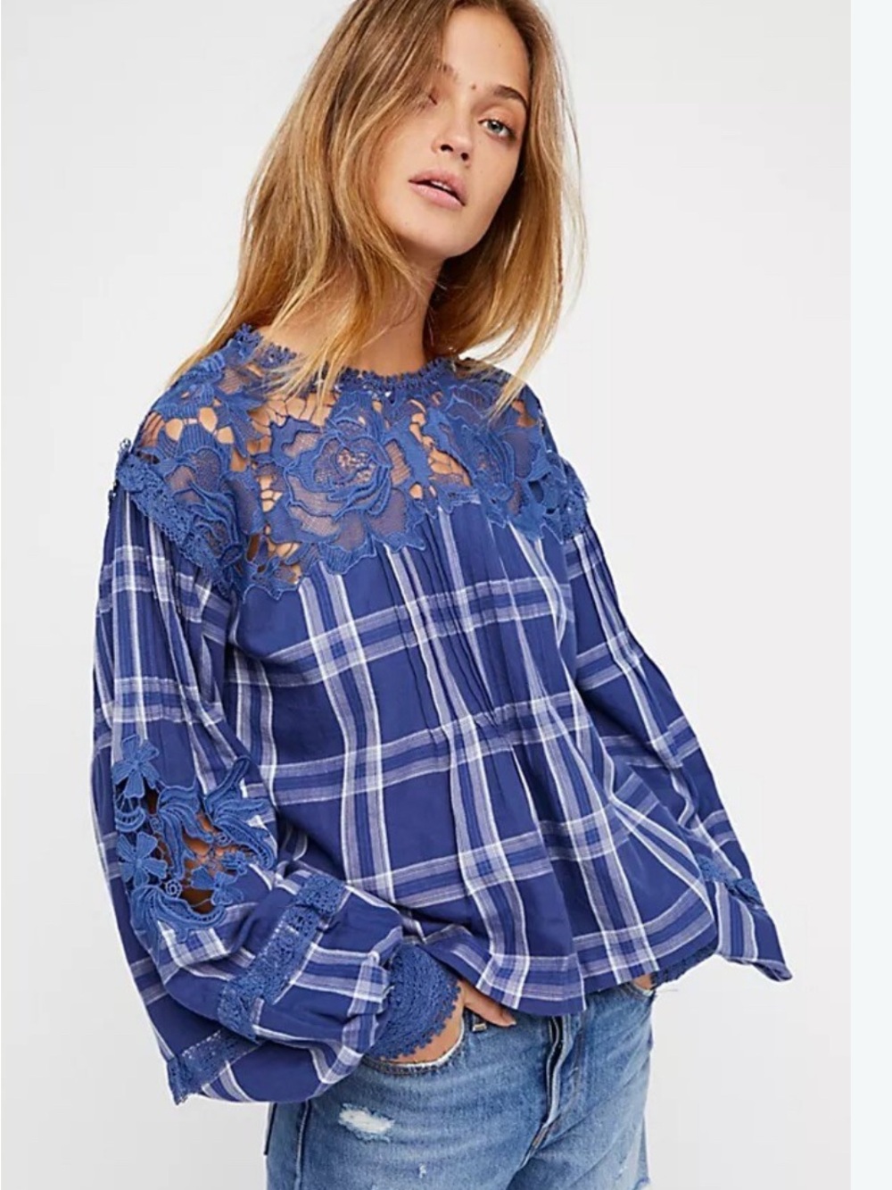 Free people Blue Plaid Lace Yoke Women's Top - Unbranded